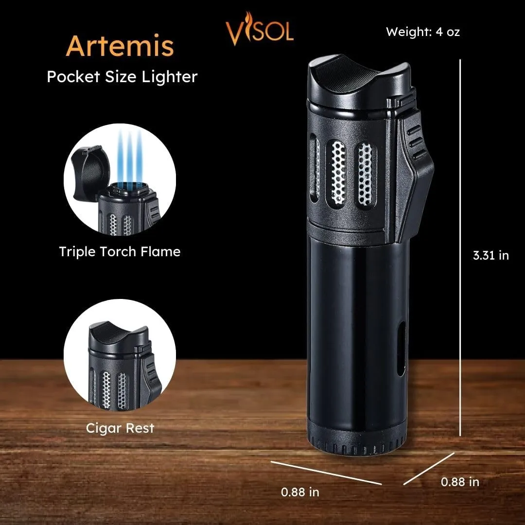 Personalized Visol Affordable Black Triple Flame Refillable Butane Gas Lighter, Multi Function, Pocket Sized Lighter with Free Engraving (Shipped Without Butane) (Artemis)