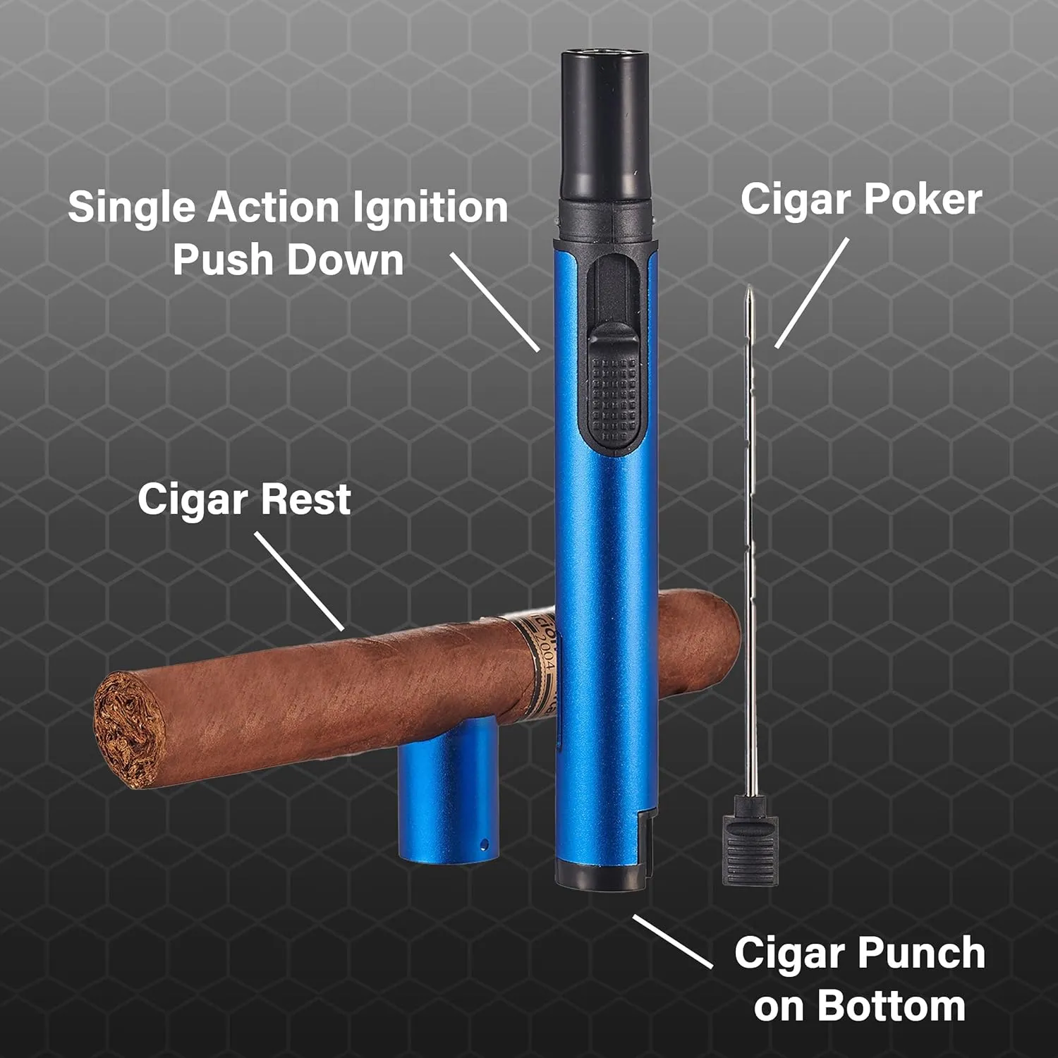 Personalized Visol Stormy Butane Torch Lighter Single Flame Refillable Gas Lighter, Built-in Punch, Detachable Holder and Poker, Fuel Window with Free Engraving (Shipped Without Butane) (Blue)