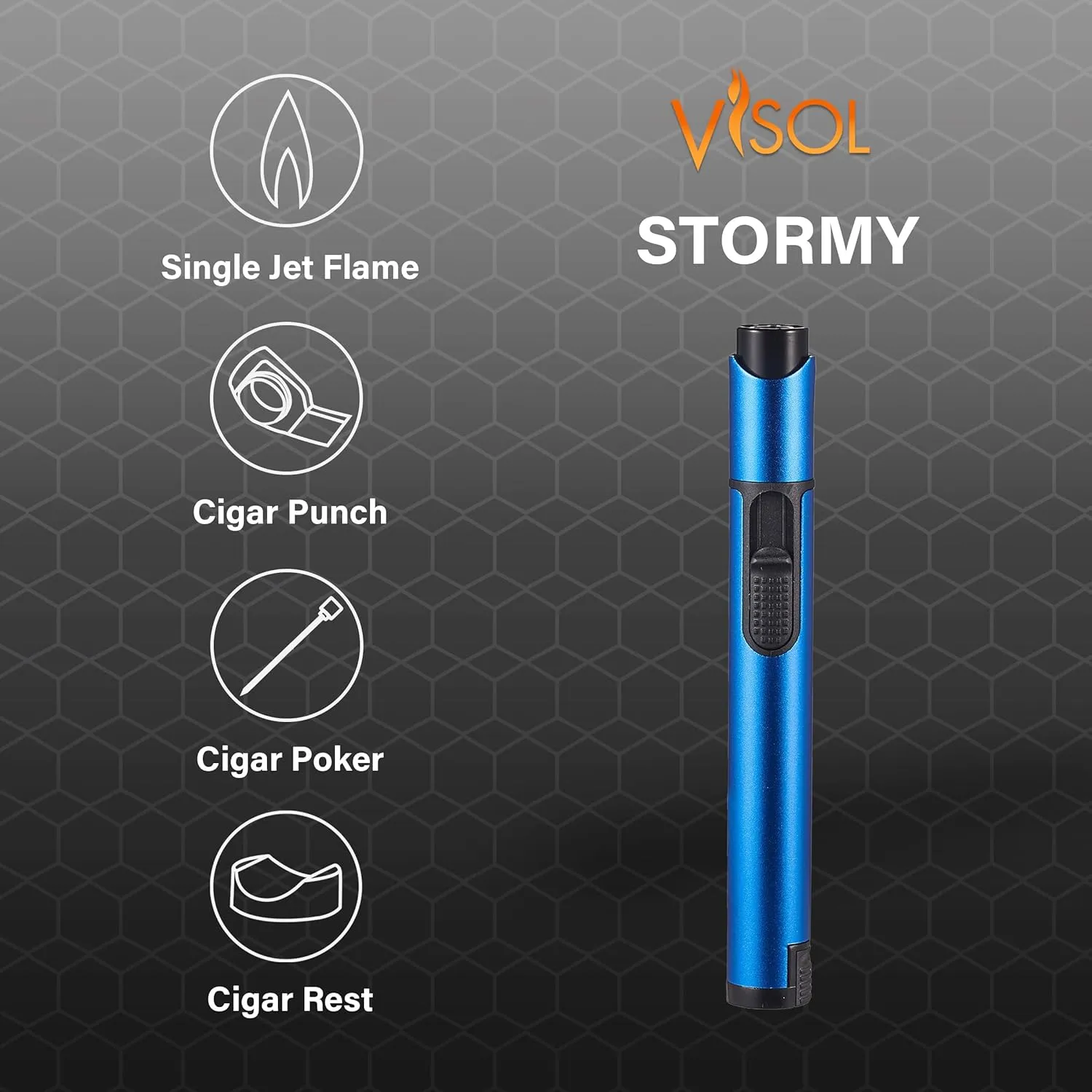 Personalized Visol Stormy Butane Torch Lighter Single Flame Refillable Gas Lighter, Built-in Punch, Detachable Holder and Poker, Fuel Window with Free Engraving (Shipped Without Butane) (Blue)