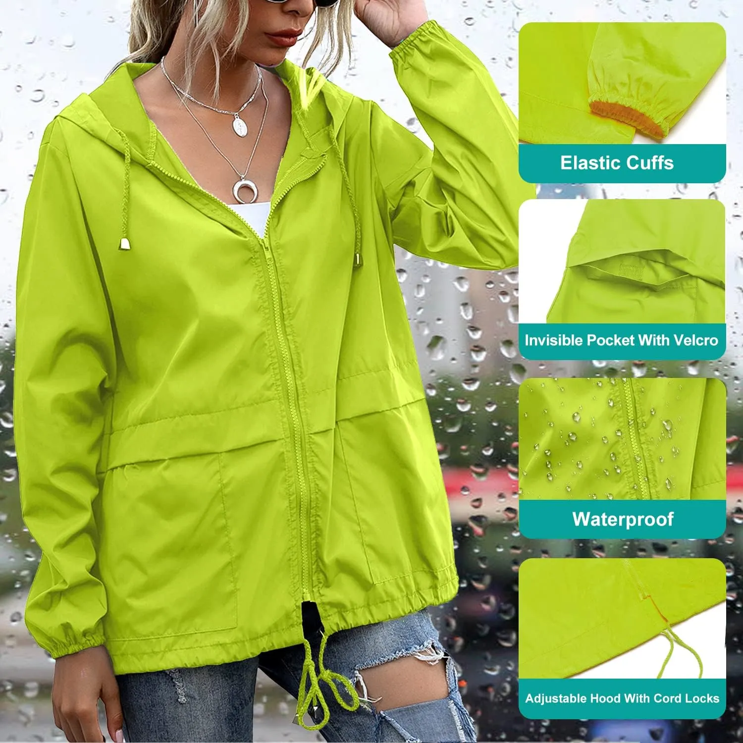 PESION Women's Waterproof Raincoat Lightweight Rain Jacket Hooded Windbreaker with Pocket for Outdoor