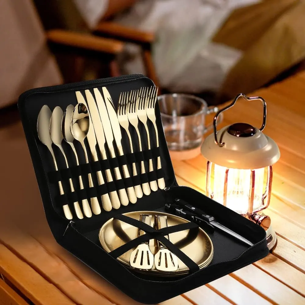 Picnic Dishes Utensils Gold Camping Flatware Set for 4 Portable Tableware Plates Silverware Forks Spoons knives Bottle Opener Food Tongs Complete Kit with Zipper Bag