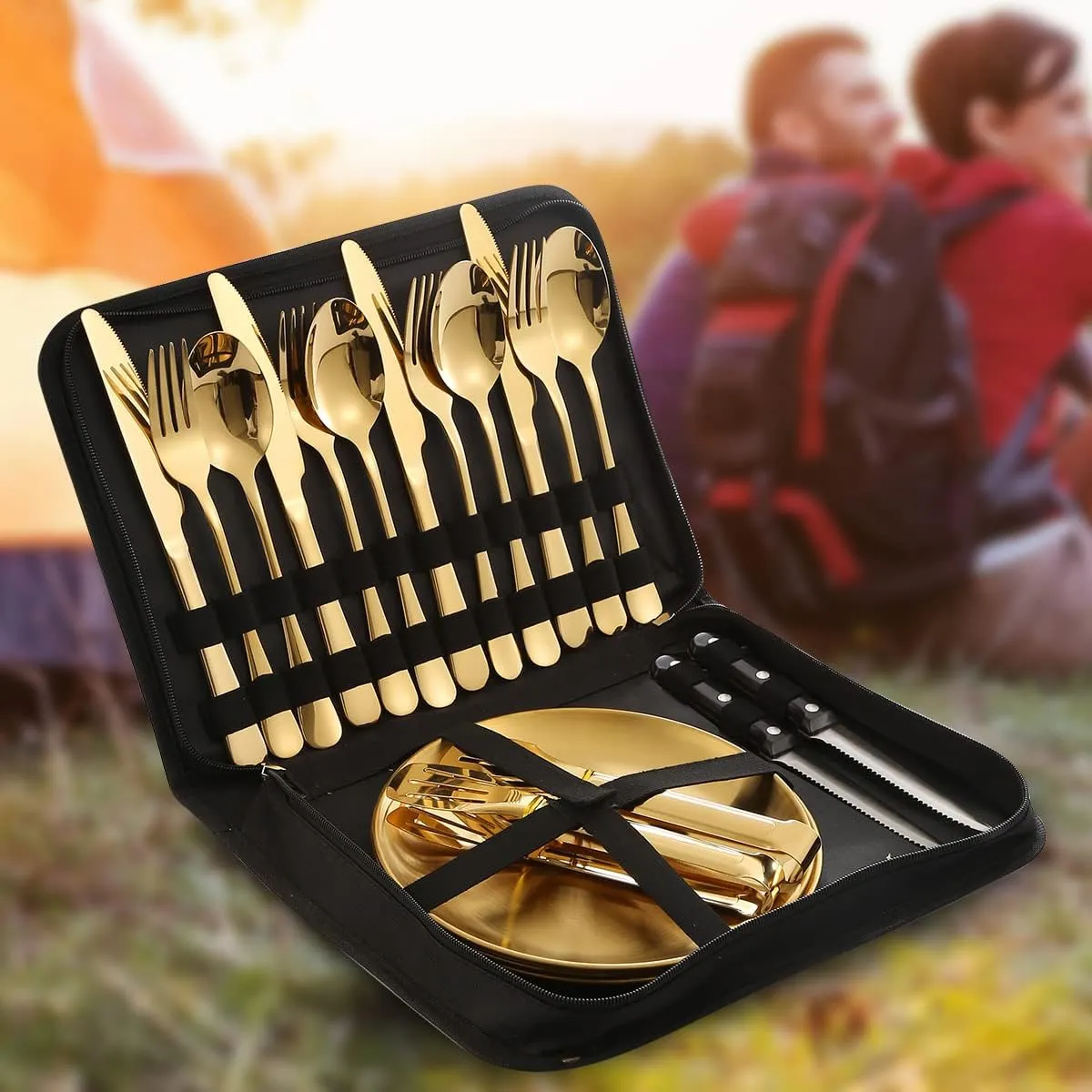 Picnic Dishes Utensils Gold Camping Flatware Set for 4 Portable Tableware Plates Silverware Forks Spoons knives Bottle Opener Food Tongs Complete Kit with Zipper Bag