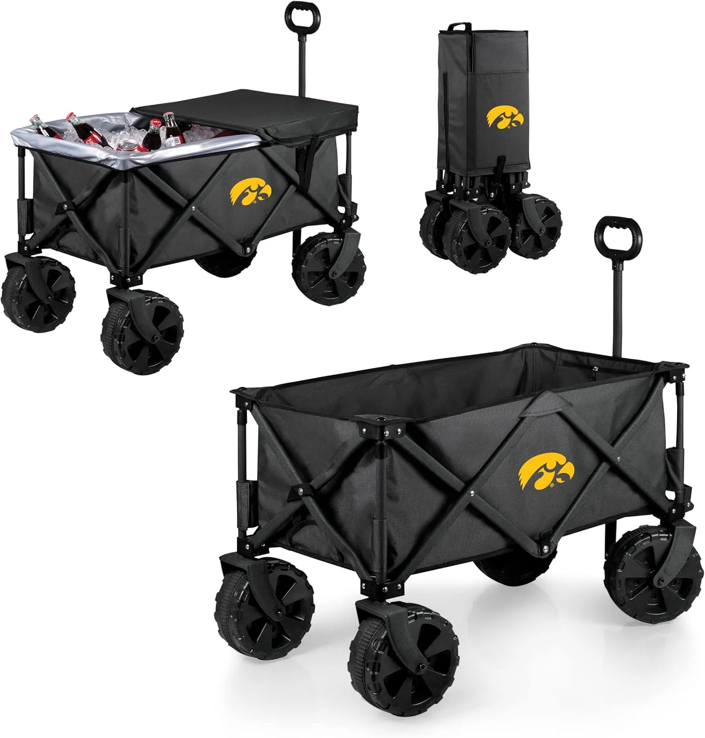 PICNIC TIME NCAA Adventure Wagon Elite All-Terrain Folding Beach Wagon with Big Wheels Plus Table Top Lid & Soft Cooler Liner, (Dark Gray)