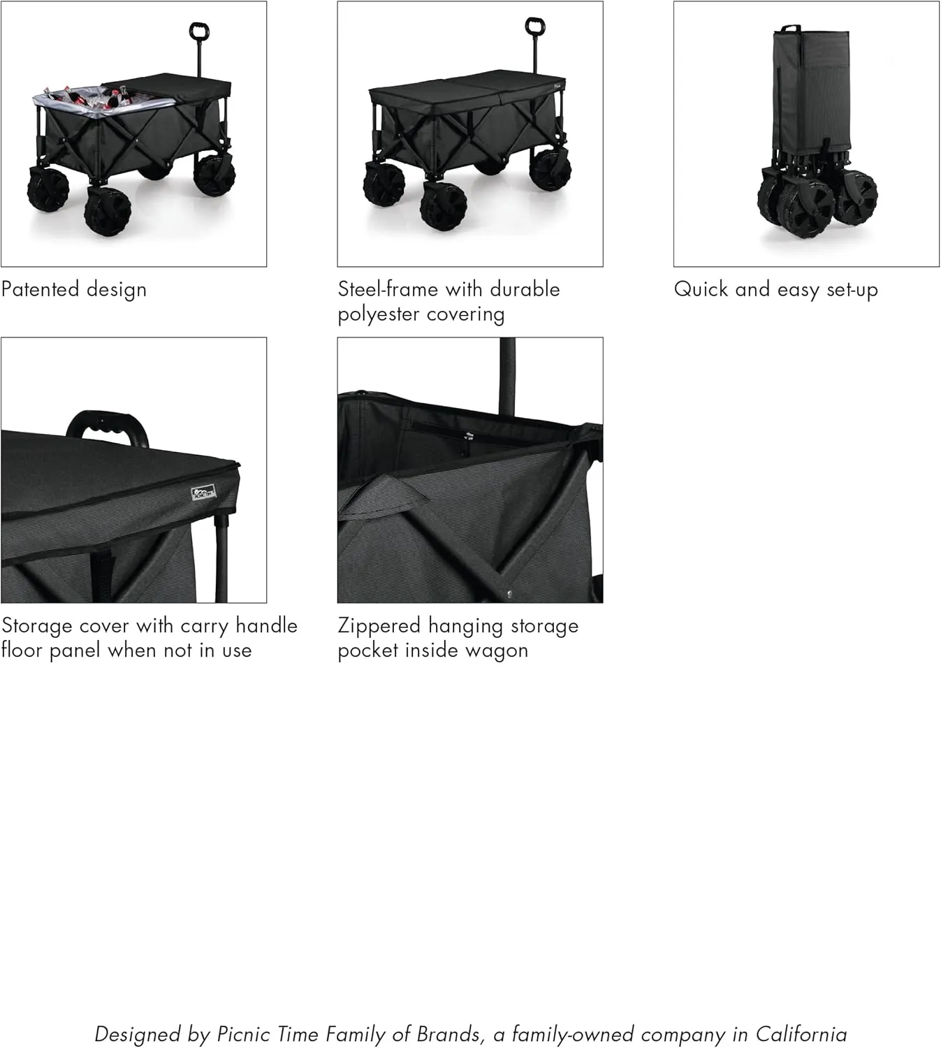 PICNIC TIME NCAA Adventure Wagon Elite All-Terrain Folding Beach Wagon with Big Wheels Plus Table Top Lid & Soft Cooler Liner, (Dark Gray)