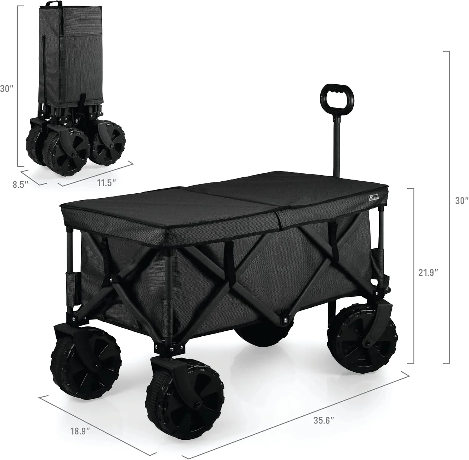 PICNIC TIME NCAA Adventure Wagon Elite All-Terrain Folding Beach Wagon with Big Wheels Plus Table Top Lid & Soft Cooler Liner, (Dark Gray)