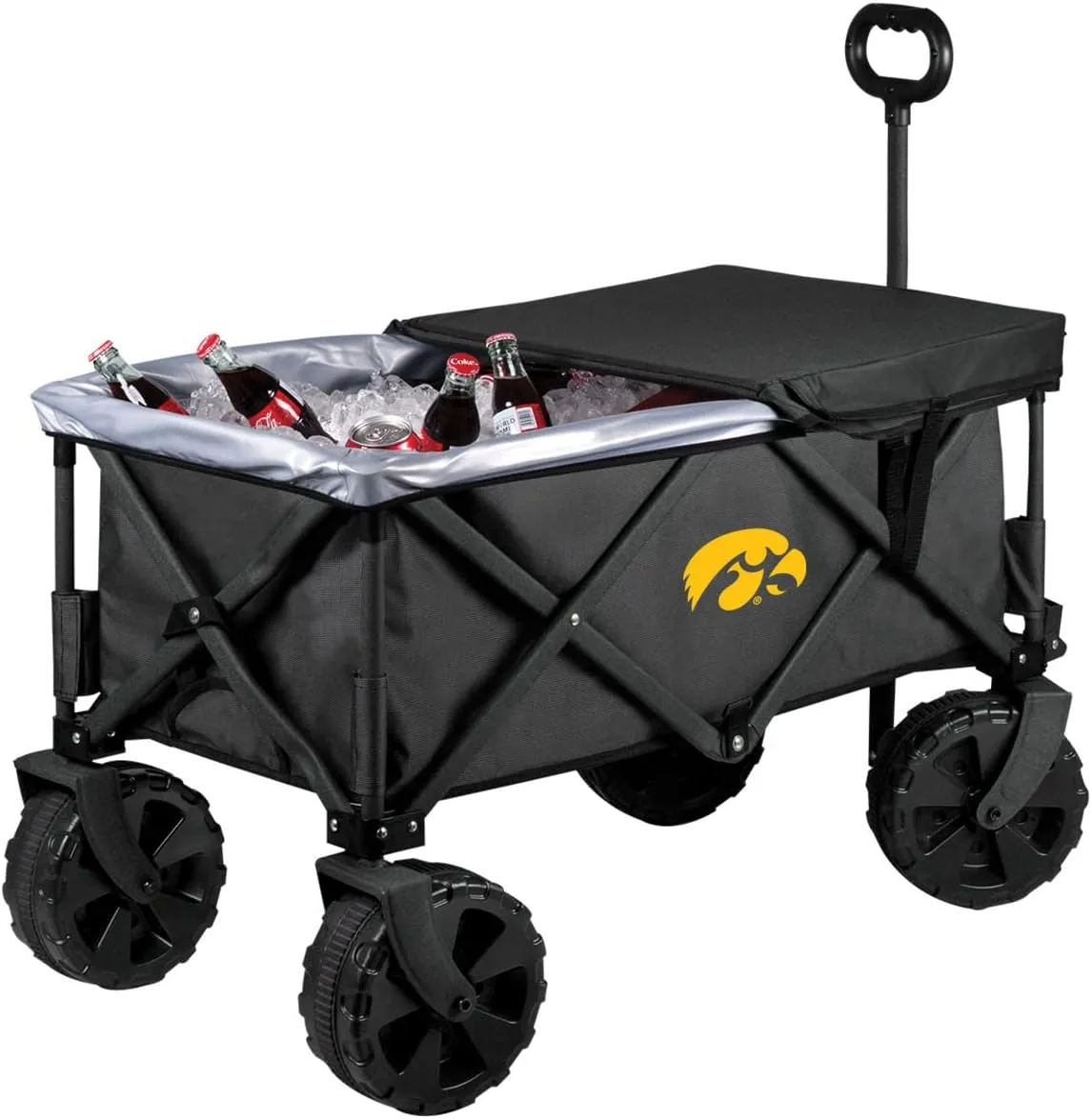 PICNIC TIME NCAA Adventure Wagon Elite All-Terrain Folding Beach Wagon with Big Wheels Plus Table Top Lid & Soft Cooler Liner, (Dark Gray)