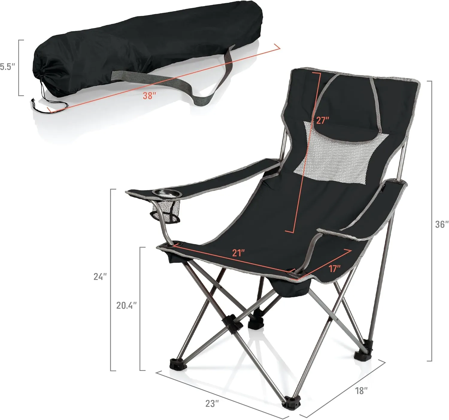 PICNIC TIME NCAA Iowa Hawkeyes Campsite Camping Chair, Picnic Chair, Outdoor Folding Chair with Carry Bag, Beach Chair, (Black with Gray Accents)