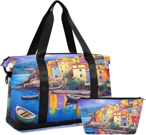 Picturesque Village Sports Gym Bag with Waterproof Dry Wet Pocket, Travel Duffel Bag for Women Men，Workout Bag Fits Yoga, Swimming