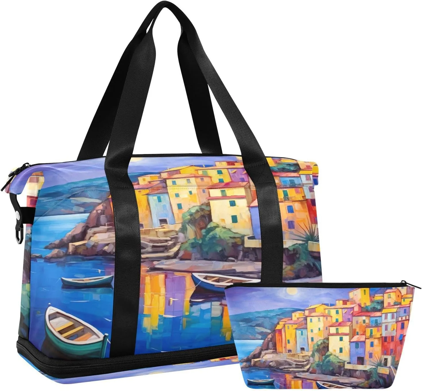 Picturesque Village Sports Gym Bag with Waterproof Dry Wet Pocket, Travel Duffel Bag for Women Men，Workout Bag Fits Yoga, Swimming
