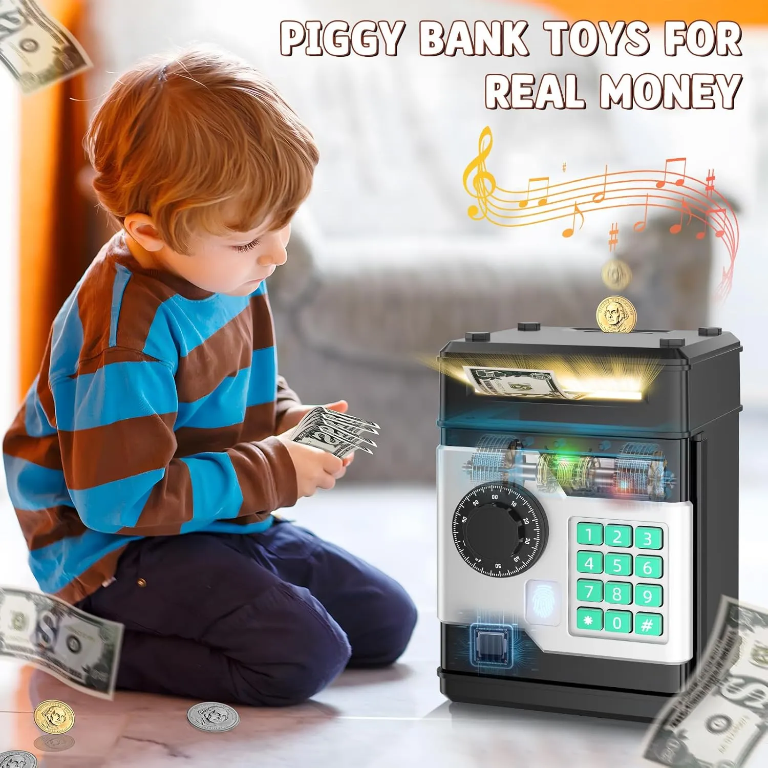 Piggy Bank, Automatic Electronic Piggy Bank for Kids Boys Girls with Password and Fingerprint Unlocking Simulation, Money Bank Kids Safe Toys for 3 4 5 6 7 8 9 10 Year Old Boy Girl (Black)