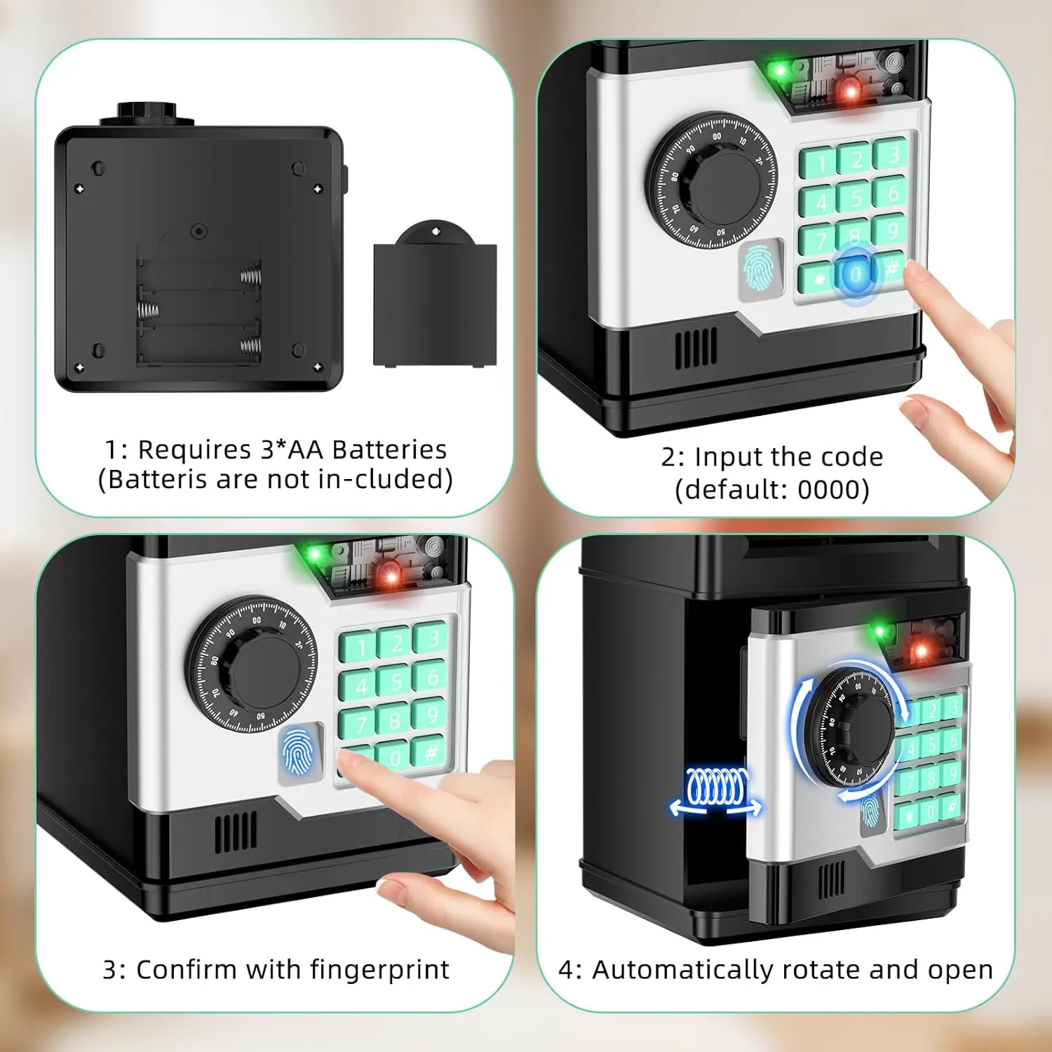 Piggy Bank, Automatic Electronic Piggy Bank for Kids Boys Girls with Password and Fingerprint Unlocking Simulation, Money Bank Kids Safe Toys for 3 4 5 6 7 8 9 10 Year Old Boy Girl (Black)