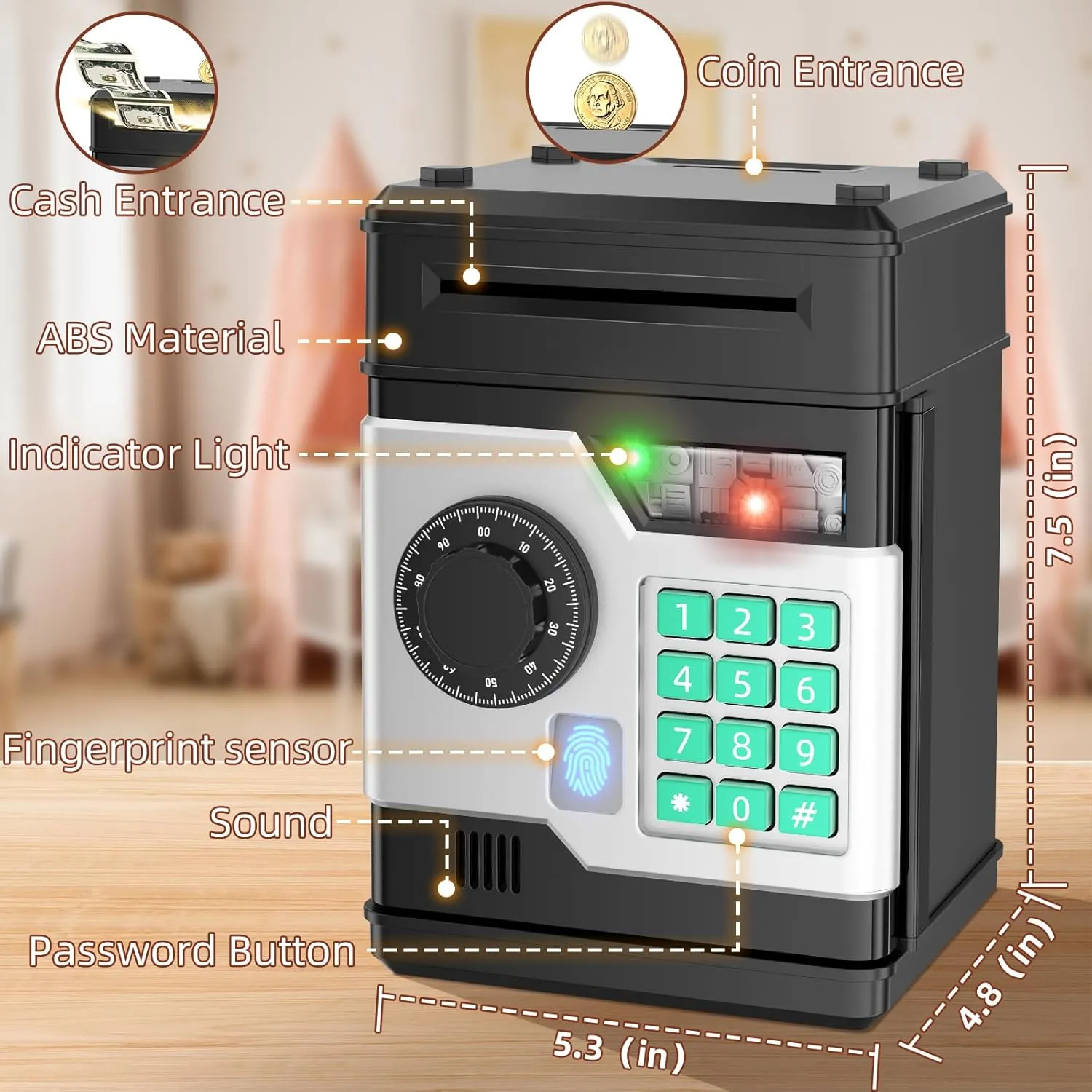 Piggy Bank, Automatic Electronic Piggy Bank for Kids Boys Girls with Password and Fingerprint Unlocking Simulation, Money Bank Kids Safe Toys for 3 4 5 6 7 8 9 10 Year Old Boy Girl (Black)