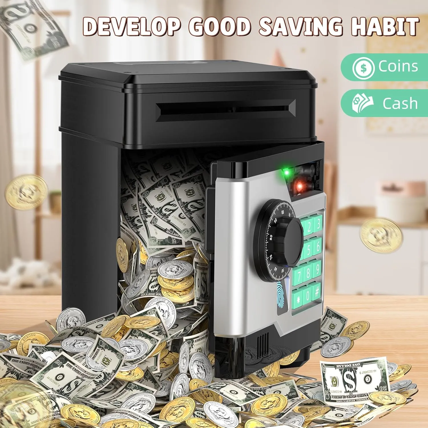 Piggy Bank, Automatic Electronic Piggy Bank for Kids Boys Girls with Password and Fingerprint Unlocking Simulation, Money Bank Kids Safe Toys for 3 4 5 6 7 8 9 10 Year Old Boy Girl (Black)