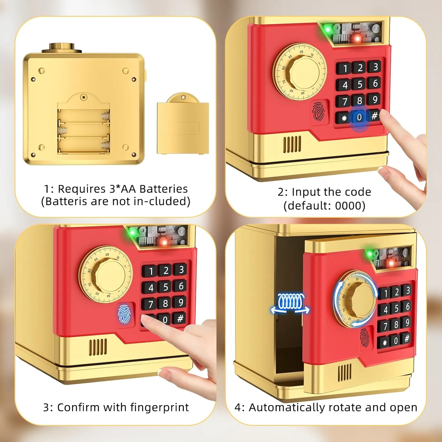 Piggy Bank, Automatic Electronic Piggy Bank for Kids Boys Girls with Password and Fingerprint Unlocking Simulation, Money Bank Kids Safe Toys for 3 4 5 6 7 8 9 10 Year Old Boy Girl (Gold)