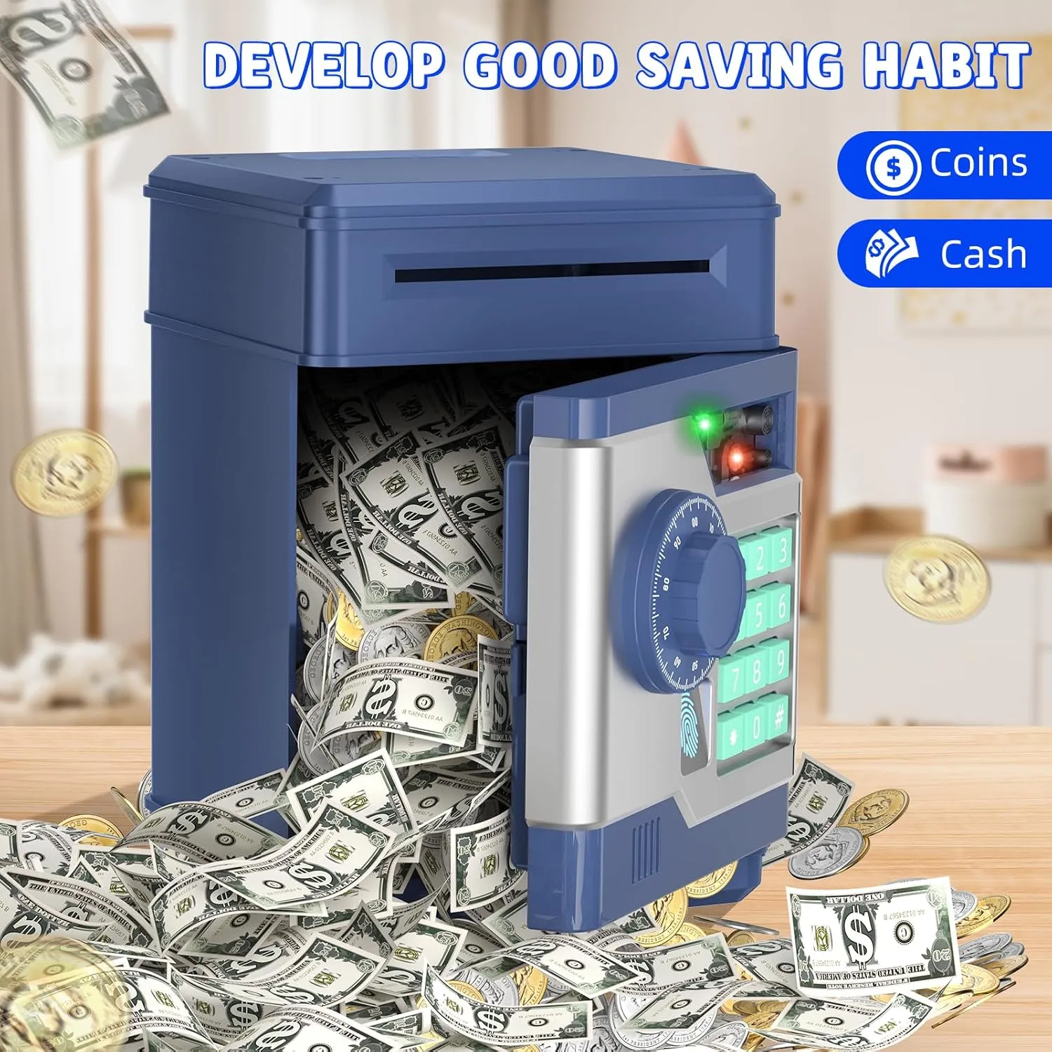 Piggy Bank, Automatic Electronic Piggy Bank for Kids Boys Girls with Password and Fingerprint Unlocking Simulation, Money Bank Kids Safe Toys for 3 4 5 6 7 8 9 10 Year Old Boy Girl (Navy)