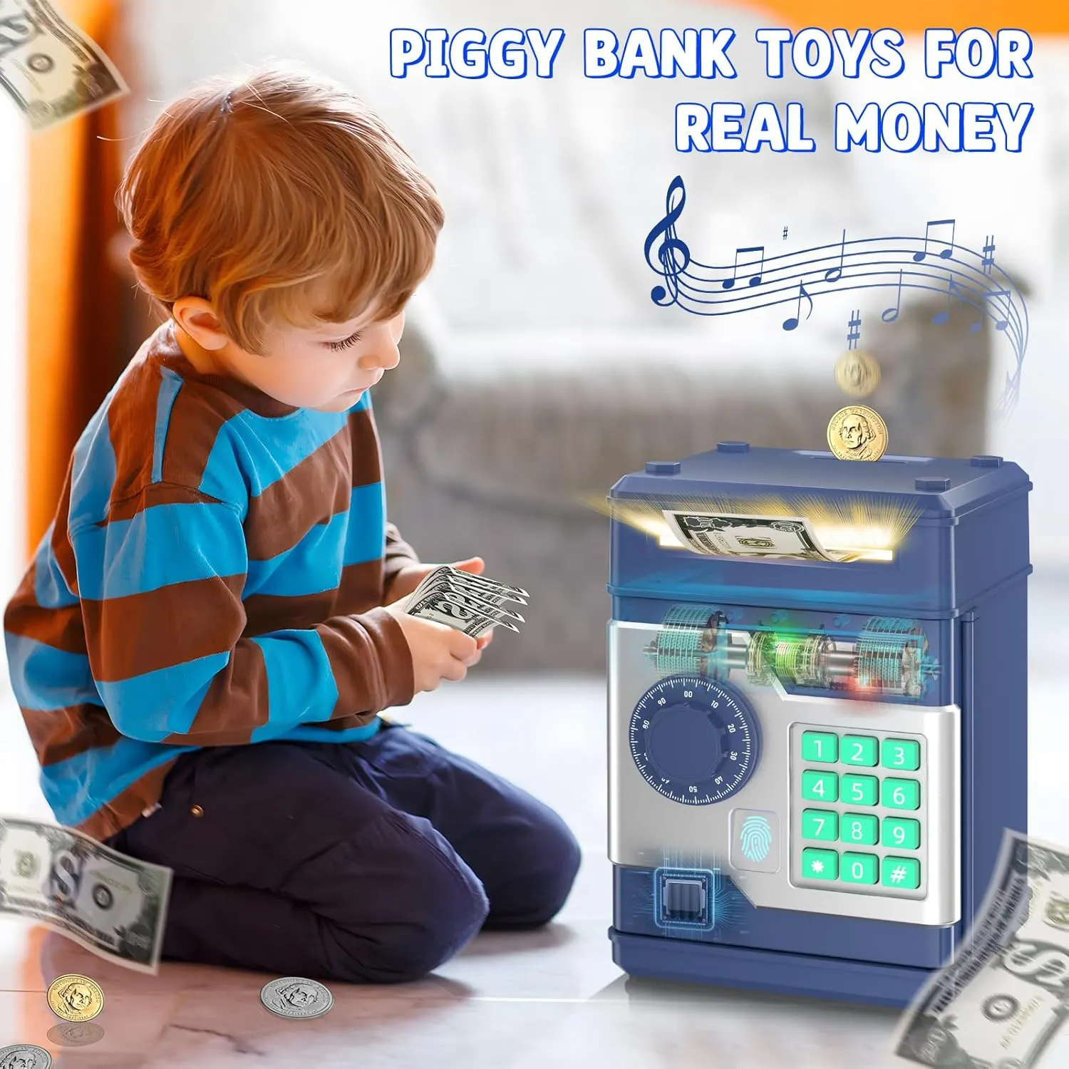 Piggy Bank, Automatic Electronic Piggy Bank for Kids Boys Girls with Password and Fingerprint Unlocking Simulation, Money Bank Kids Safe Toys for 3 4 5 6 7 8 9 10 Year Old Boy Girl (Navy)