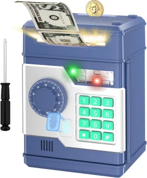 Piggy Bank, Automatic Electronic Piggy Bank for Kids Boys Girls with Password and Fingerprint Unlocking Simulation, Money Bank Kids Safe Toys for 3 4 5 6 7 8 9 10 Year Old Boy Girl (Navy)