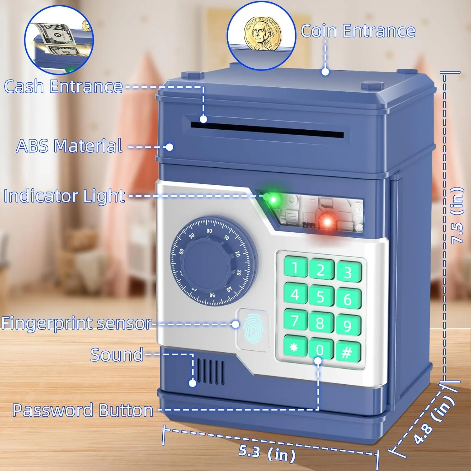 Piggy Bank, Automatic Electronic Piggy Bank for Kids Boys Girls with Password and Fingerprint Unlocking Simulation, Money Bank Kids Safe Toys for 3 4 5 6 7 8 9 10 Year Old Boy Girl (Navy)