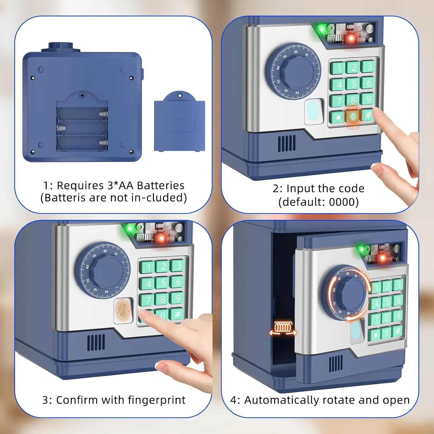 Piggy Bank, Automatic Electronic Piggy Bank for Kids Boys Girls with Password and Fingerprint Unlocking Simulation, Money Bank Kids Safe Toys for 3 4 5 6 7 8 9 10 Year Old Boy Girl (Navy)