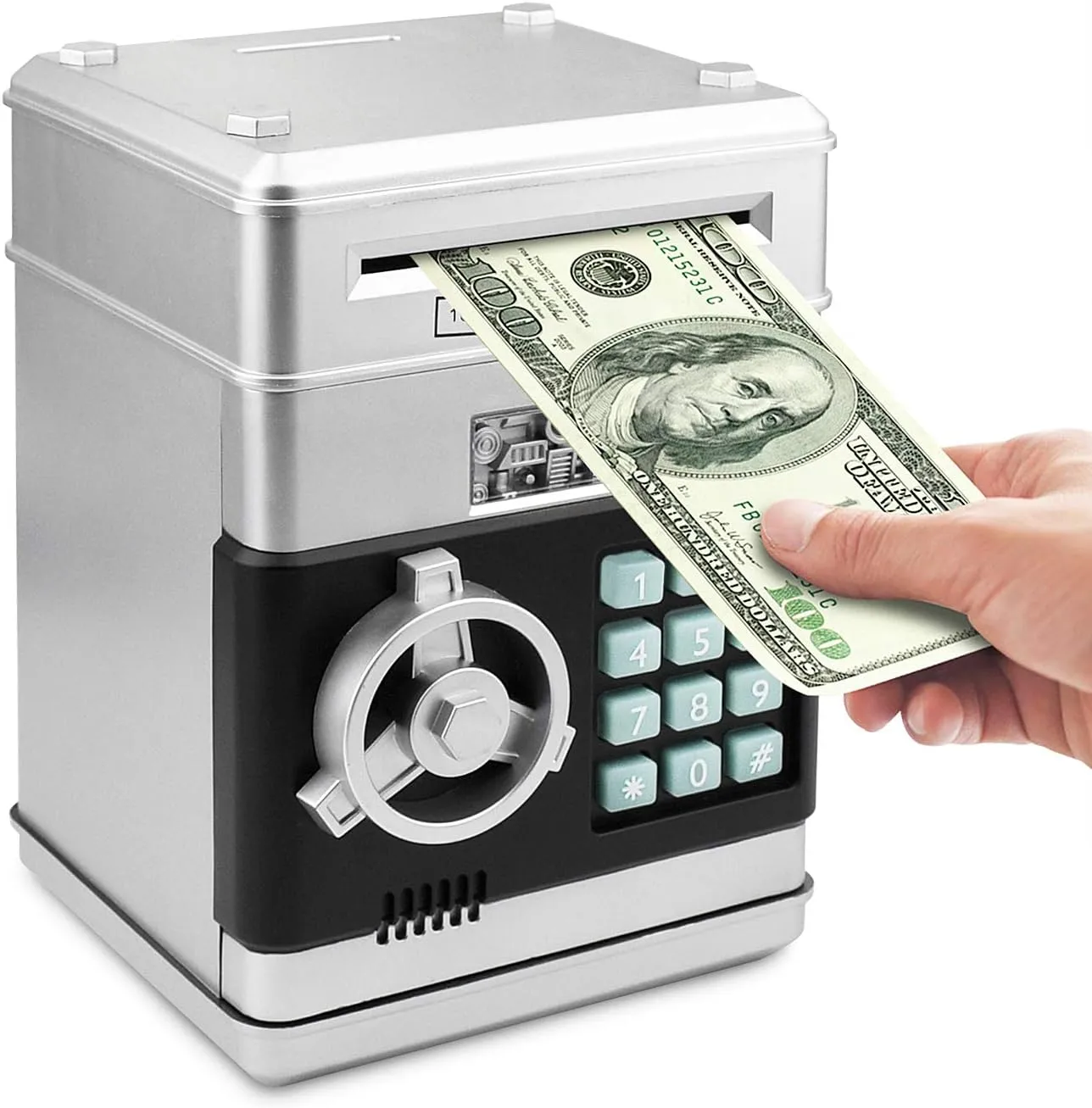 Piggy Bank, Electronic ATM Password Cash Coin Can Auto Scroll Paper Money Saving Box Toy Gift for Kids (Silvery)