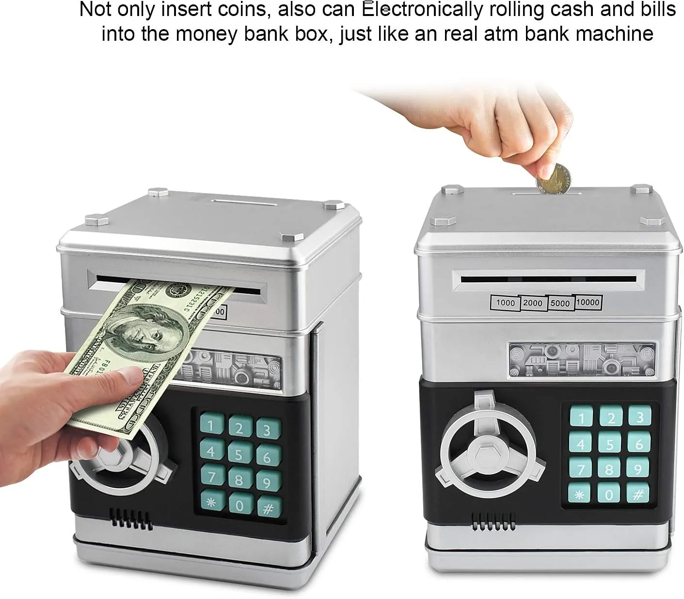 Piggy Bank, Electronic ATM Password Cash Coin Can Auto Scroll Paper Money Saving Box Toy Gift for Kids (Silvery)