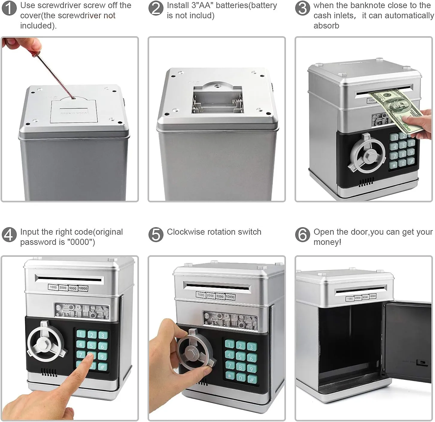 Piggy Bank, Electronic ATM Password Cash Coin Can Auto Scroll Paper Money Saving Box Toy Gift for Kids (Silvery)