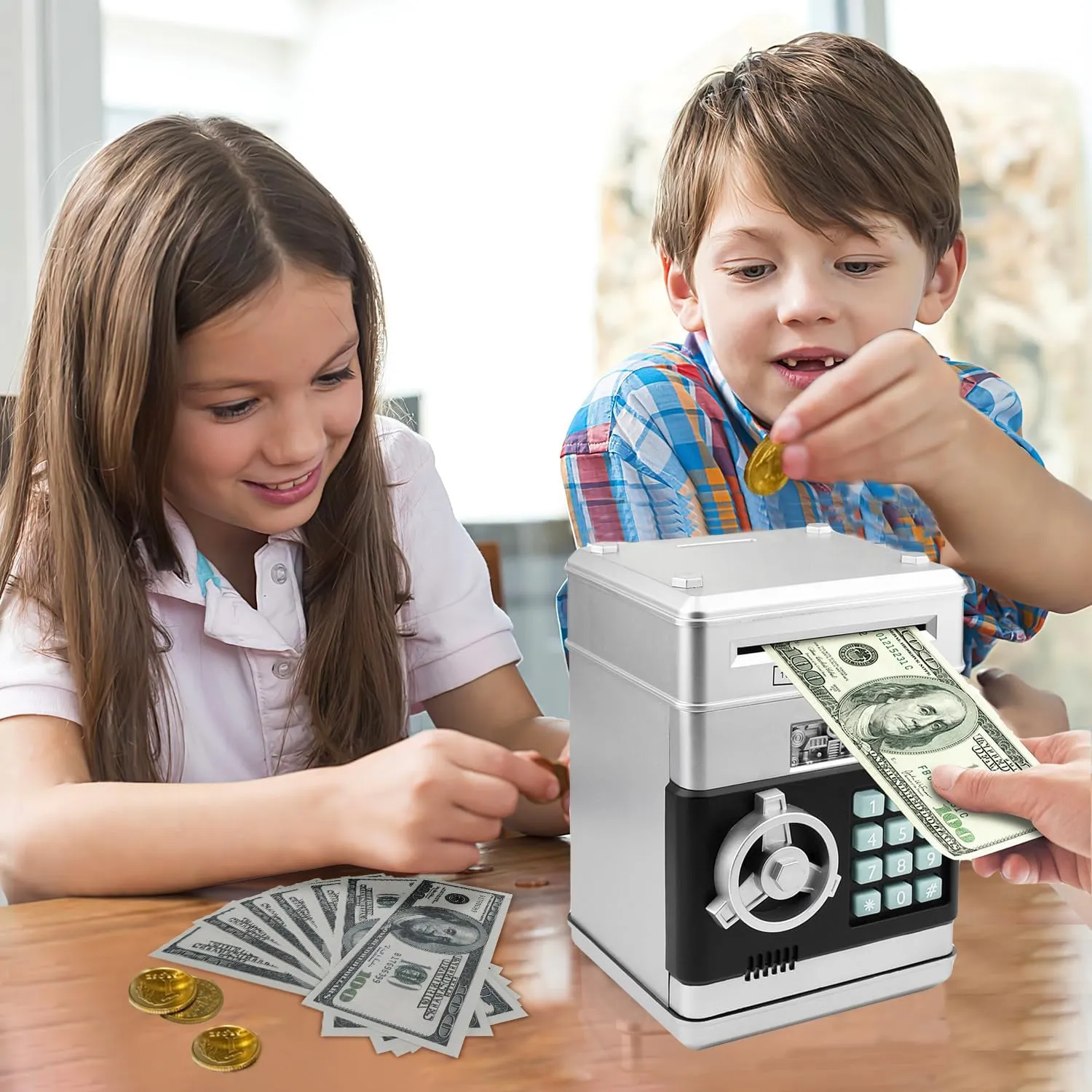 Piggy Bank, Electronic ATM Password Cash Coin Can Auto Scroll Paper Money Saving Box Toy Gift for Kids (Silvery)
