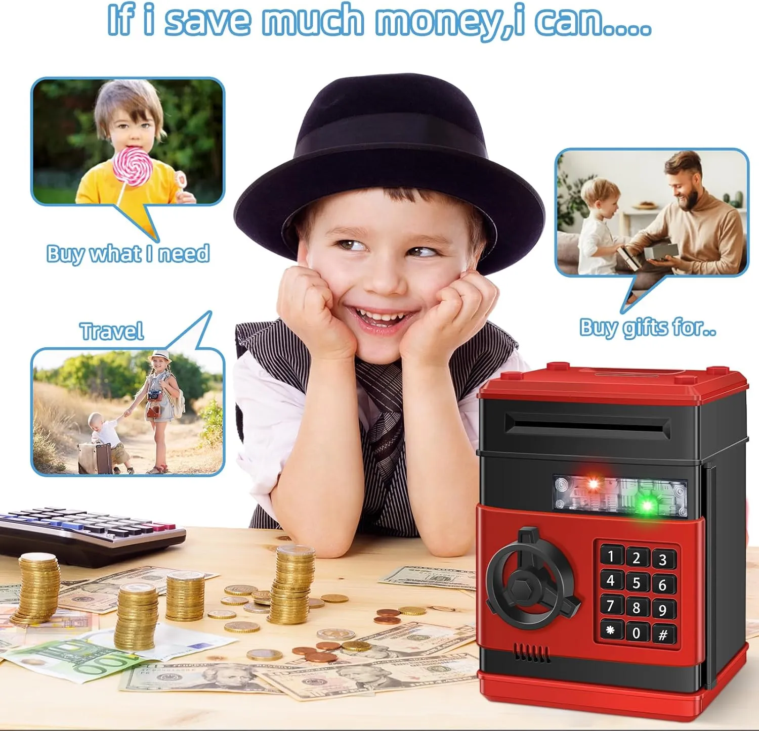 Piggy Bank for Kids, Money Bank Toys for Ages 6 7 8 10 11 12 13, Electronic Cash Coin Money Saving Box， Birthday for 8 9 10 Year Old Boys Girls