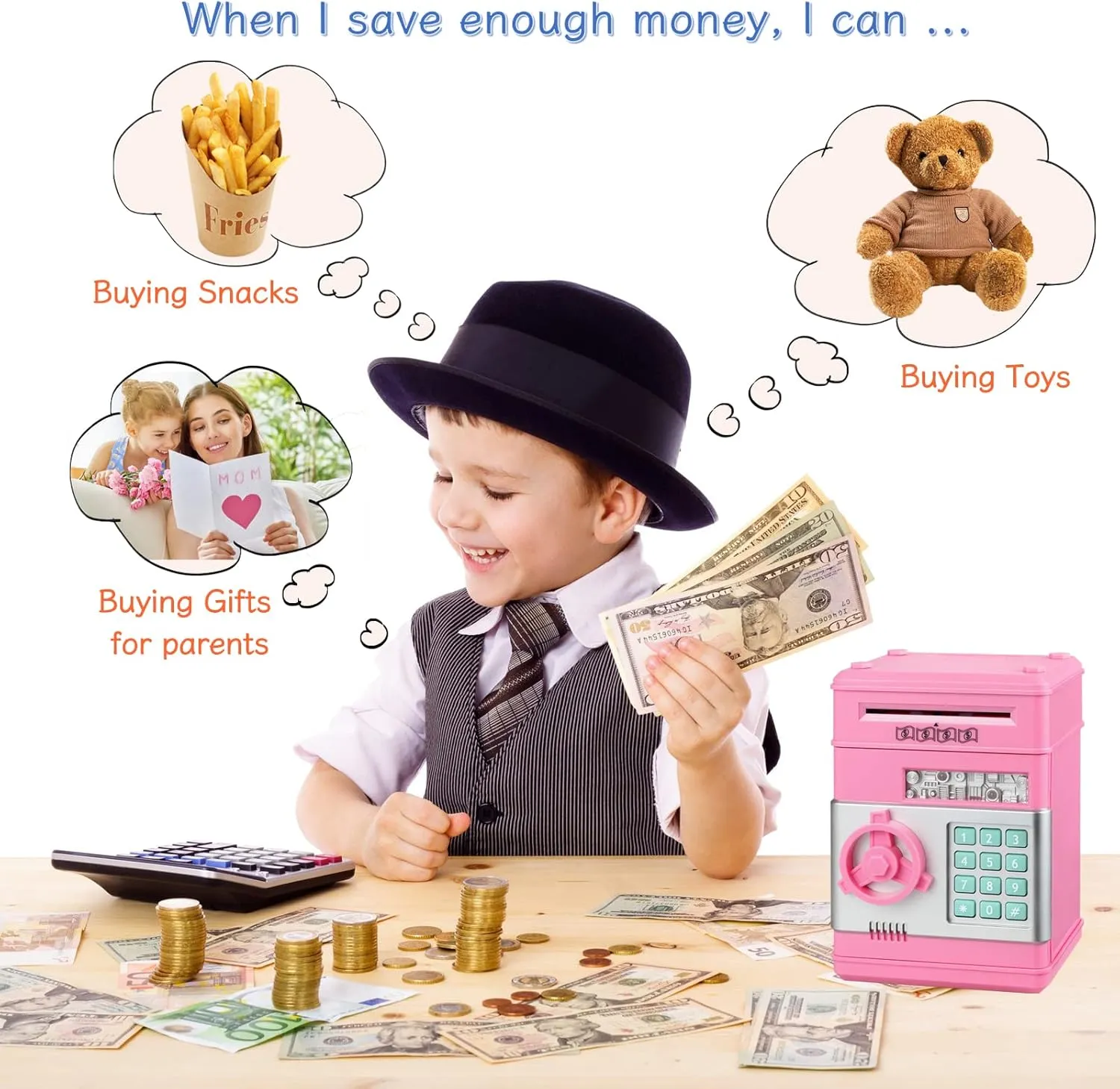 Piggy Bank, Toys for 4 5 6 7 8 9 10 Year Old Girls Boys, Christmas Birthday Gifts for 3  Year Old Kids, Electronic Money Coin Banks with Password Protection for Kids Age 4-8