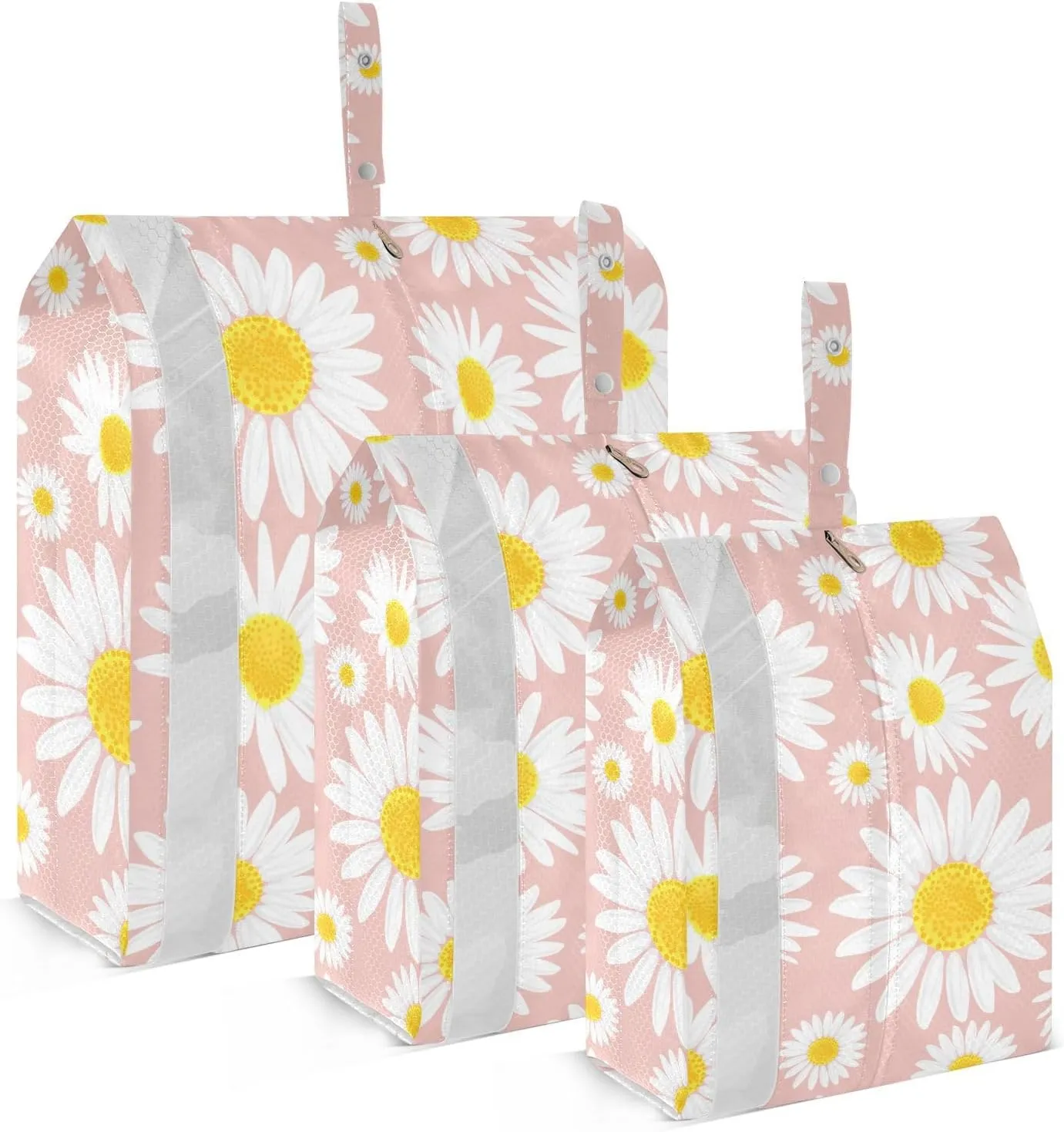 Pink Daisy Flower0 Travel Storage Bag with Lanyard - Portable Lightweight Classified Storage Bag with Zipper, Dust and Waterproof Travel Packing Cube for Suitcase,3 Pieces