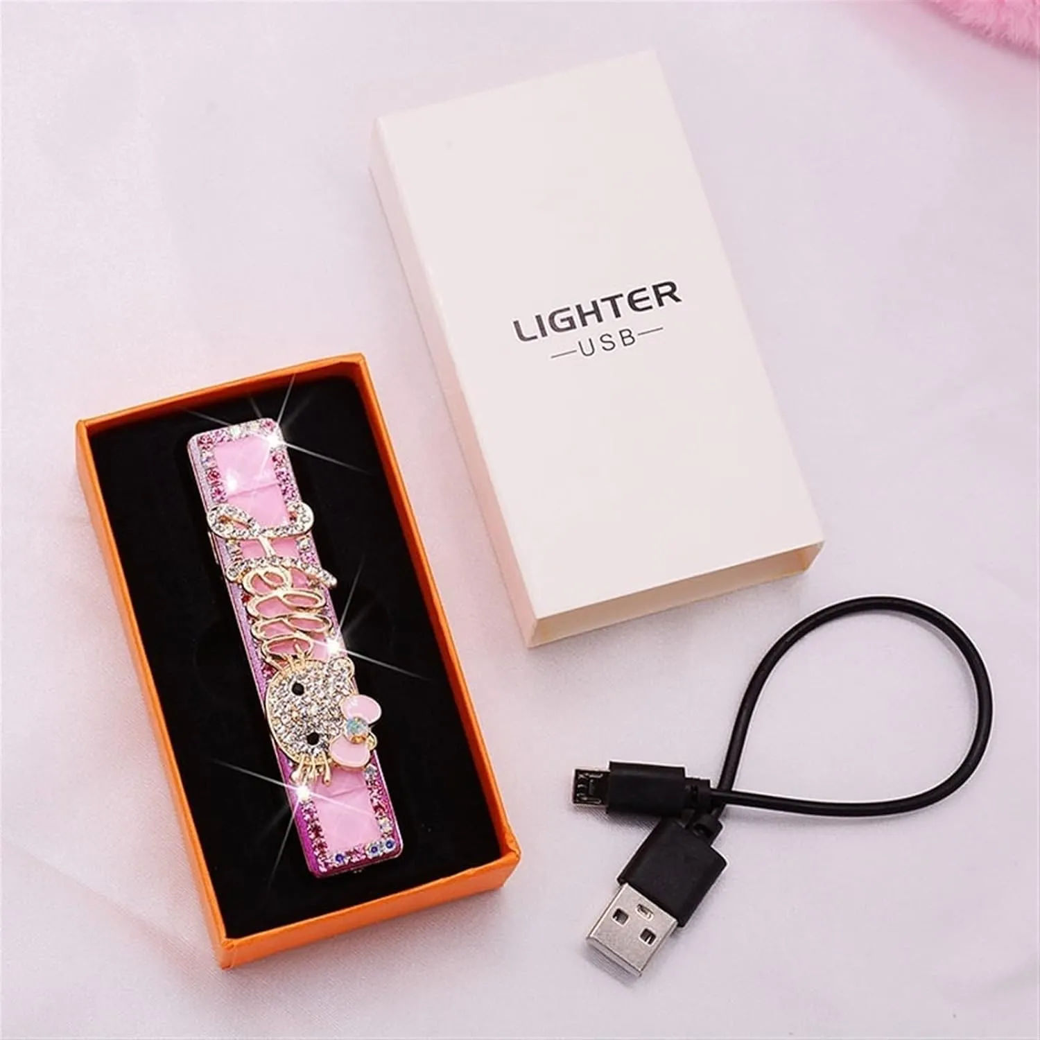 Pink Electric Lighter Plasma lighters USB Rechargeable, Windproof flameless Lighter (Color : White Butterfly)
