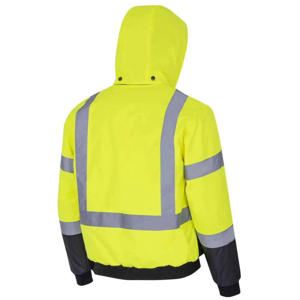 Pioneer Hi Vis Waterproof Heated Safety Bomber Jacket - Class 3 Winter Rain Gear for Men - Reflective Tape - Detachable Hood