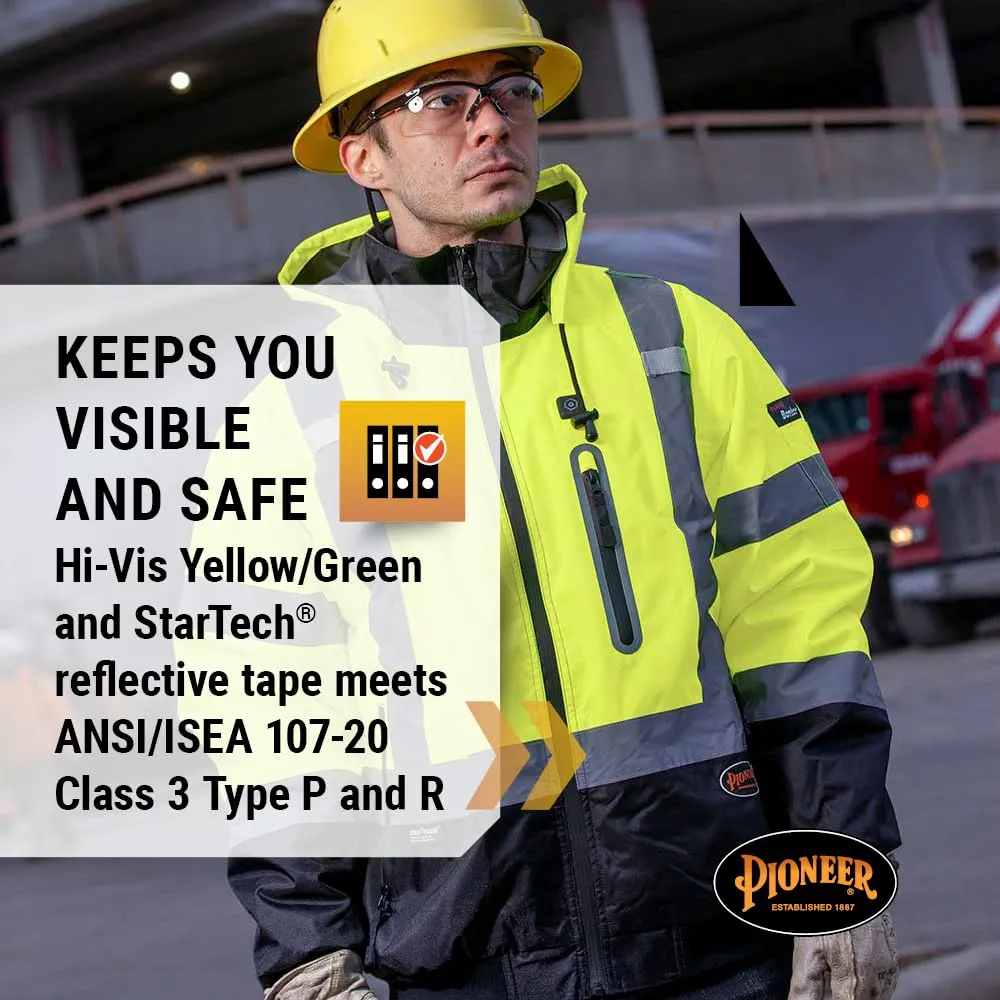 Pioneer Hi Vis Waterproof Heated Safety Bomber Jacket - Class 3 Winter Rain Gear for Men - Reflective Tape - Detachable Hood