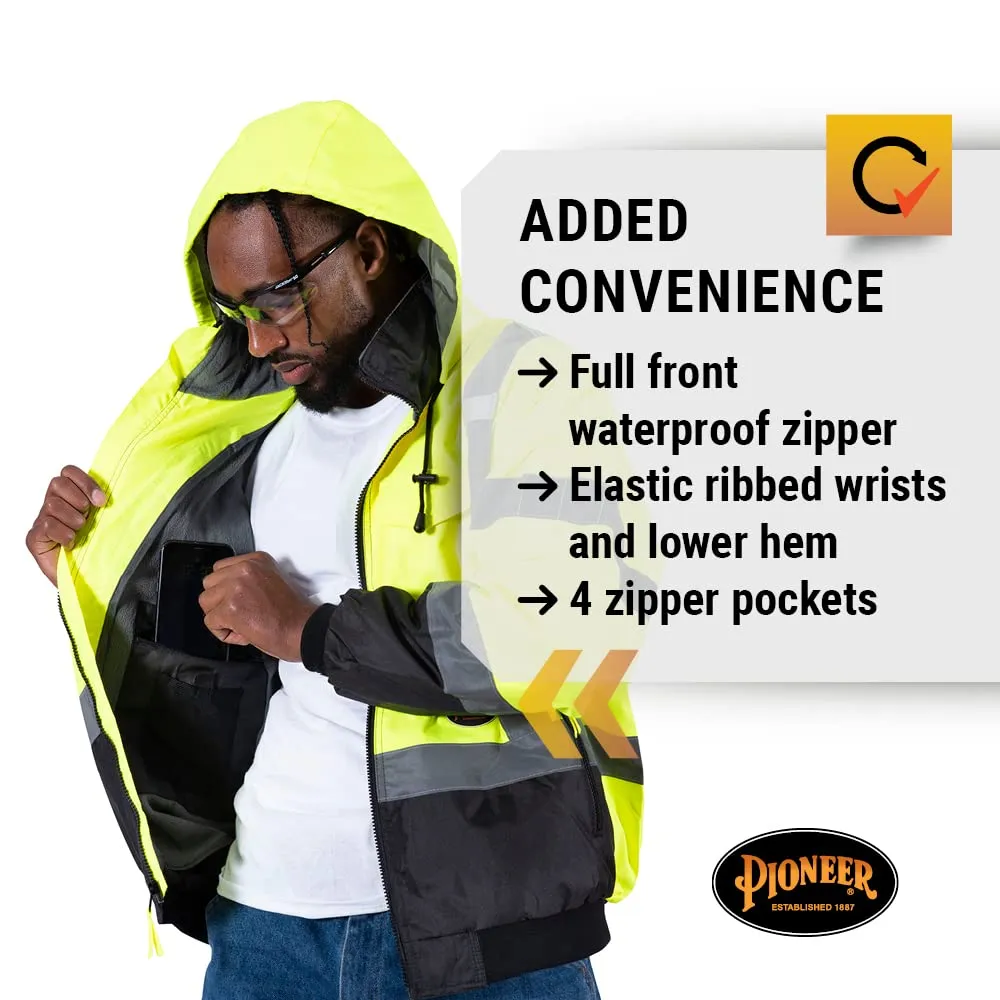 Pioneer Hi Vis Waterproof Heated Safety Bomber Jacket - Class 3 Winter Rain Gear for Men - Reflective Tape - Detachable Hood