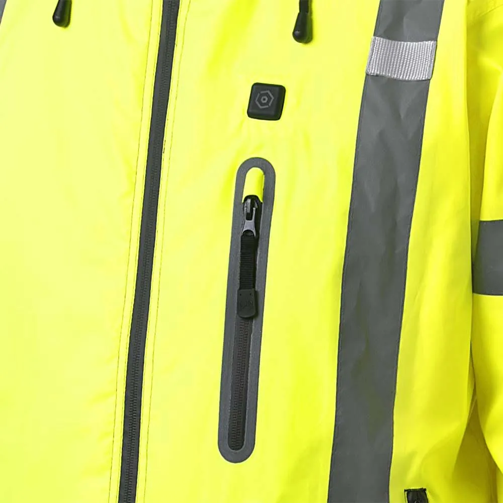 Pioneer Hi Vis Waterproof Heated Safety Bomber Jacket - Class 3 Winter Rain Gear for Men - Reflective Tape - Detachable Hood
