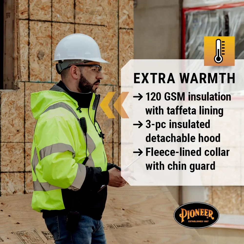 Pioneer Hi Vis Waterproof Heated Safety Bomber Jacket - Class 3 Winter Rain Gear for Men - Reflective Tape - Detachable Hood