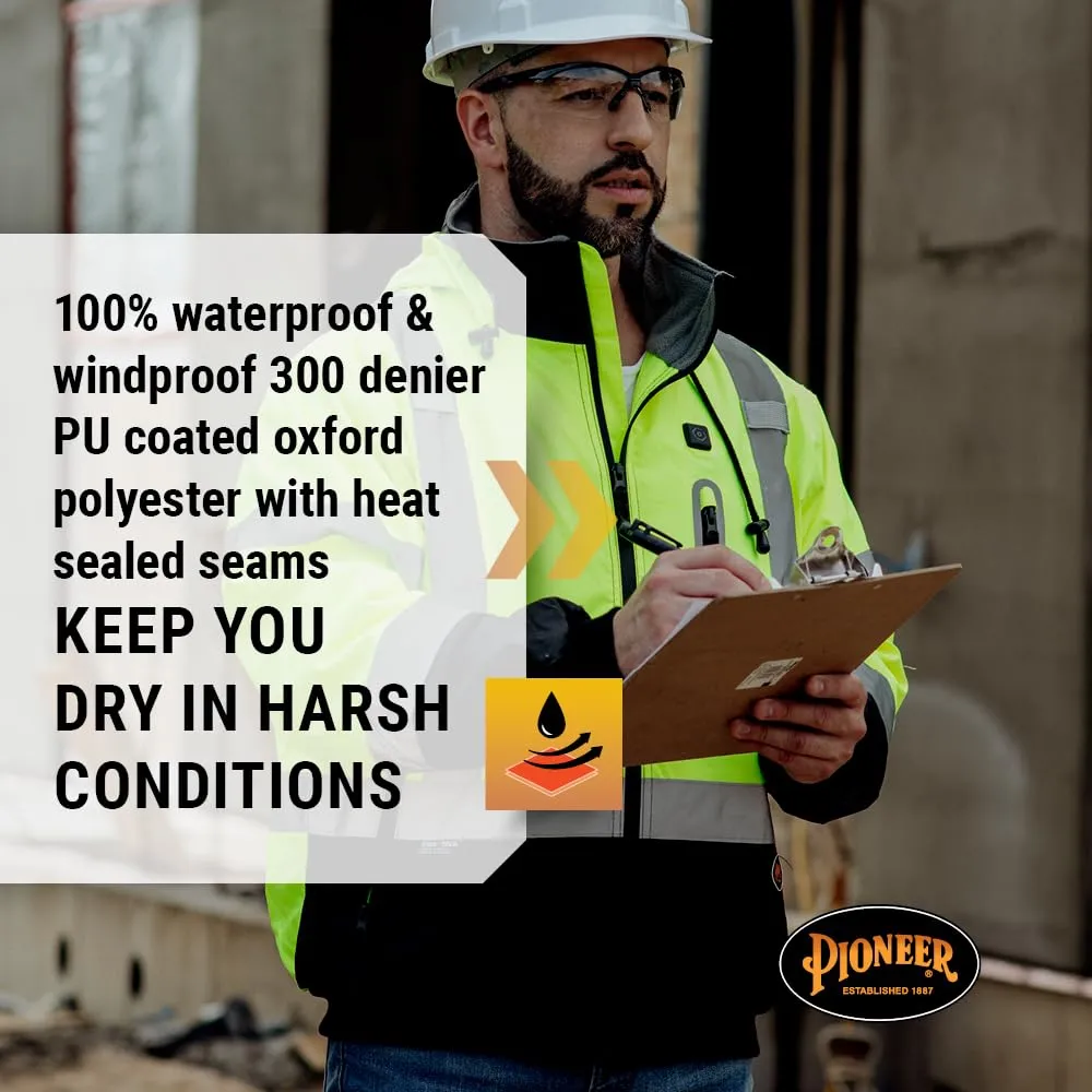Pioneer Hi Vis Waterproof Heated Safety Bomber Jacket - Class 3 Winter Rain Gear for Men - Reflective Tape - Detachable Hood