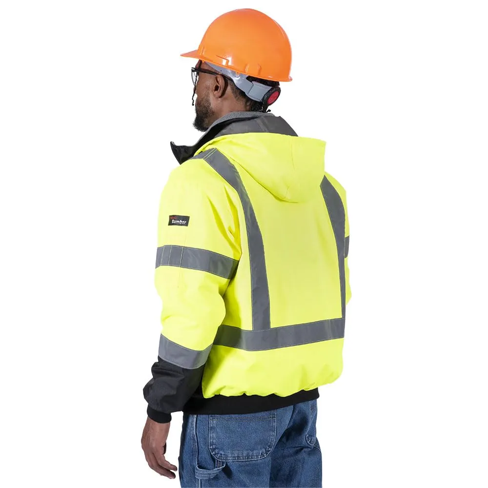 Pioneer Hi Vis Waterproof Heated Safety Bomber Jacket - Class 3 Winter Rain Gear for Men - Reflective Tape - Detachable Hood