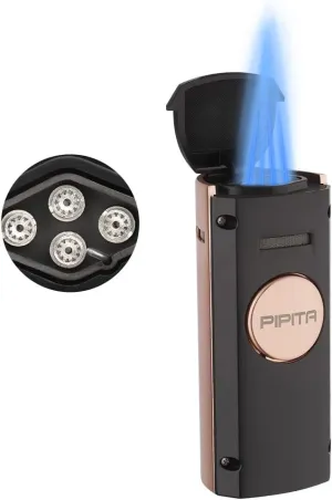 PIPITA Torch Lighter Windproof Metal Butane Gas Lighter Jet Quad Blue Flame Refillable Lighter with Punch (Gold)