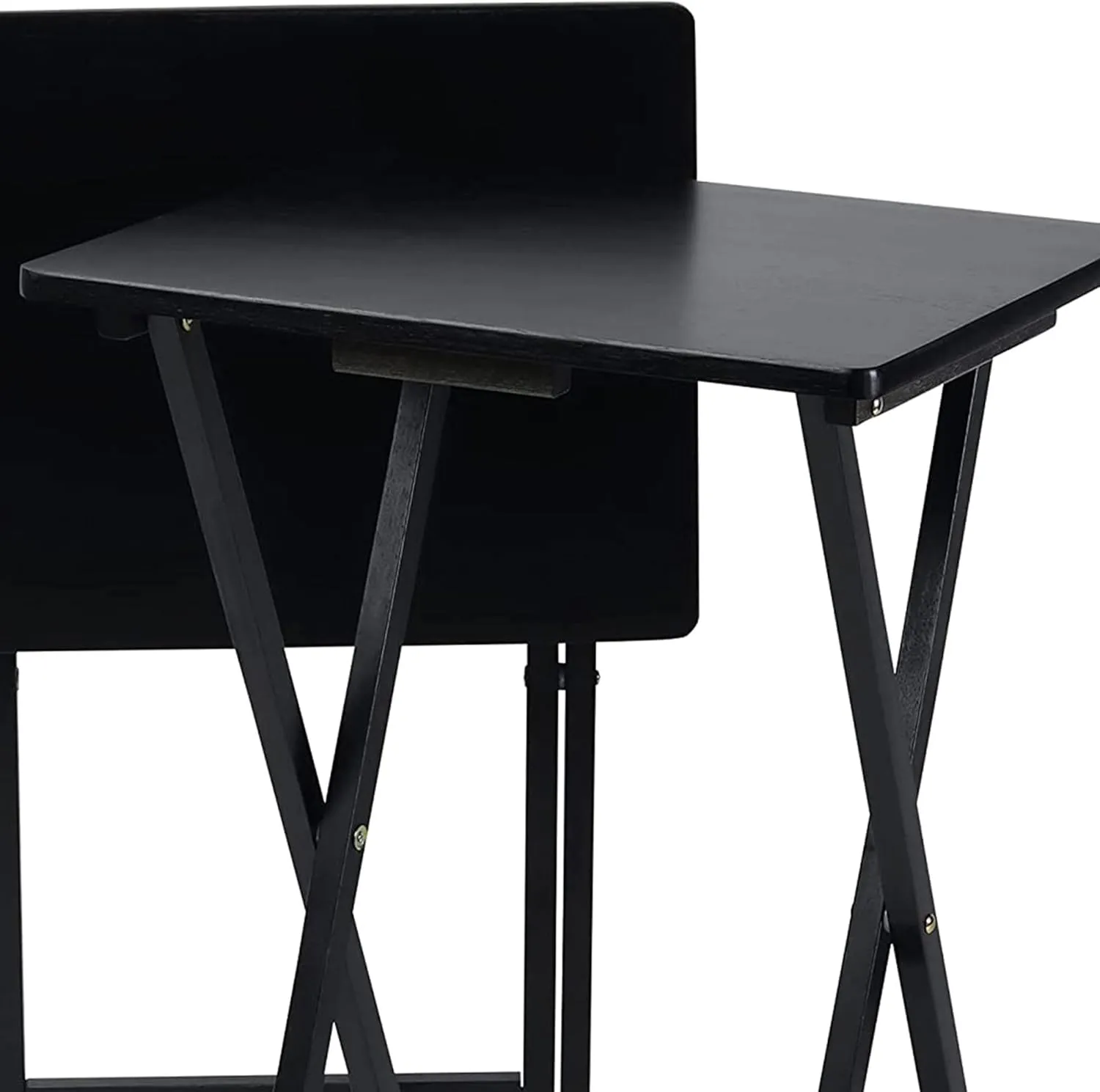 PJ Wood 2-Pack TV Tray Folding Dinner Table Set with Collapsible Storage Rack, Black - Portable and Adjustable Home Furniture for Living Room, Bedroom, and Kitchen