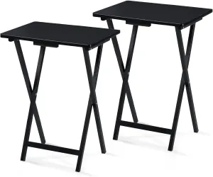 PJ Wood 2-Pack TV Tray Folding Dinner Table Set with Collapsible Storage Rack, Black - Portable and Adjustable Home Furniture for Living Room, Bedroom, and Kitchen