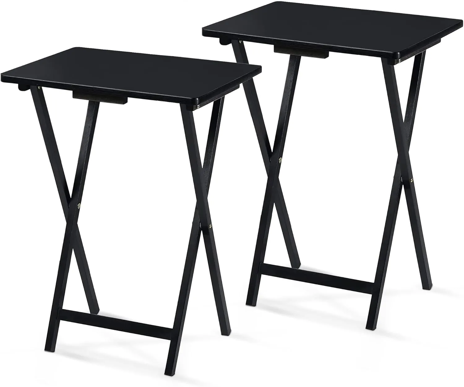 PJ Wood 2-Pack TV Tray Folding Dinner Table Set with Collapsible Storage Rack, Black - Portable and Adjustable Home Furniture for Living Room, Bedroom, and Kitchen