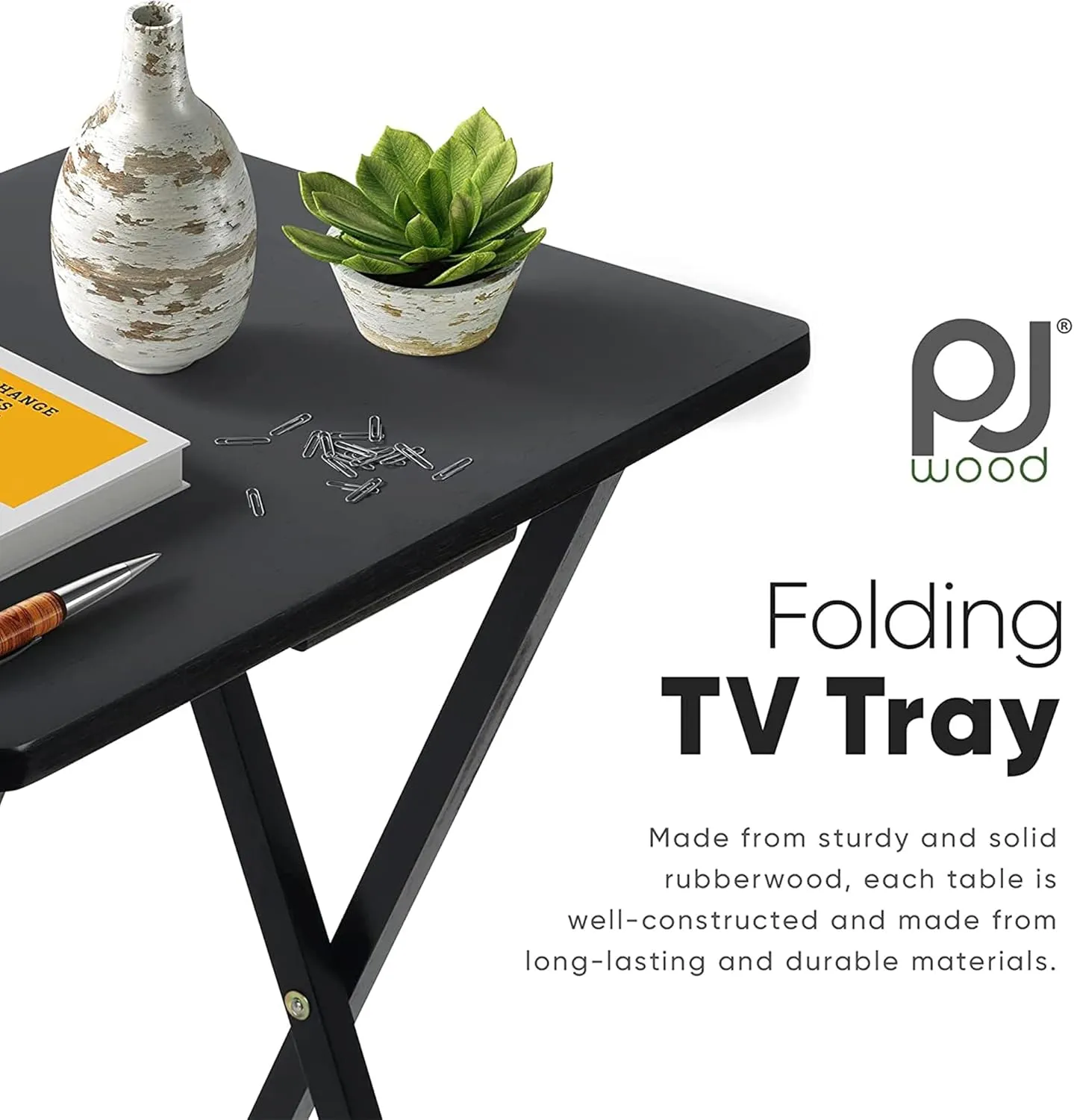 PJ Wood 2-Pack TV Tray Folding Dinner Table Set with Collapsible Storage Rack, Black - Portable and Adjustable Home Furniture for Living Room, Bedroom, and Kitchen