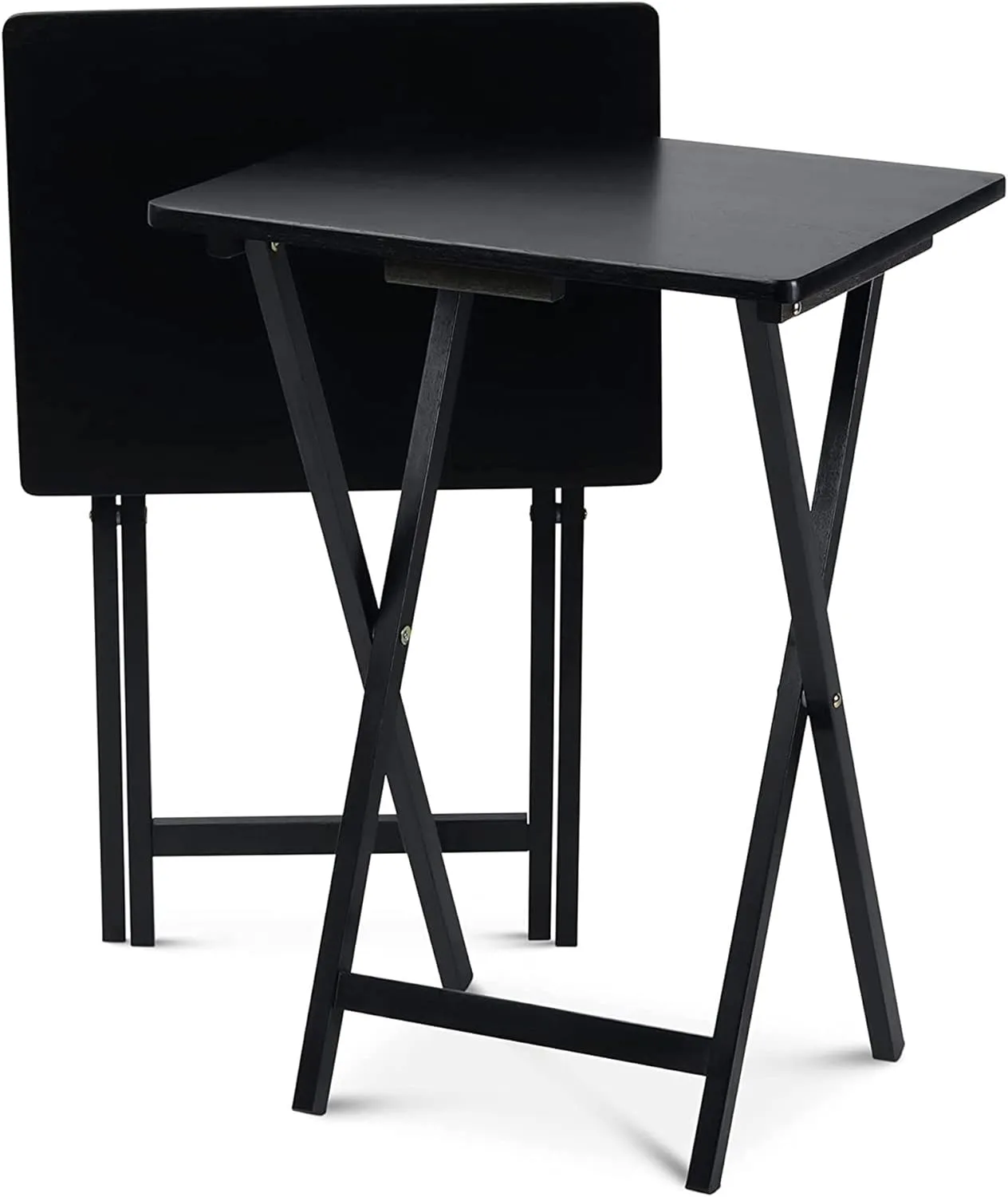 PJ Wood 2-Pack TV Tray Folding Dinner Table Set with Collapsible Storage Rack, Black - Portable and Adjustable Home Furniture for Living Room, Bedroom, and Kitchen