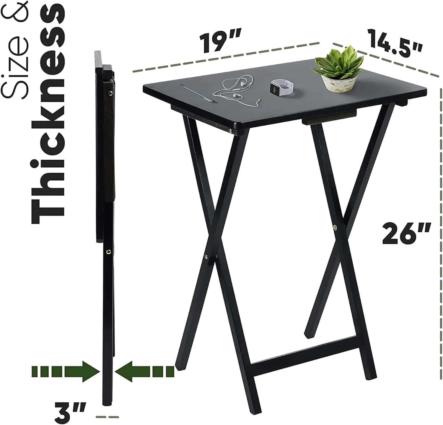 PJ Wood 2-Pack TV Tray Folding Dinner Table Set with Collapsible Storage Rack, Black - Portable and Adjustable Home Furniture for Living Room, Bedroom, and Kitchen