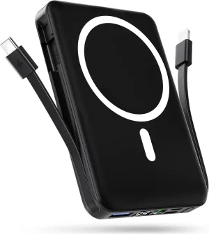 podoru for Magsafe Battery Pack, 10000mAh Magnetic Power Bank Built-in USB C Lighting Cables 22.5W PD Fast Charging LED Display Wireless Portable Charger for iPhone 16/15/14/13/12/ All Series-Black