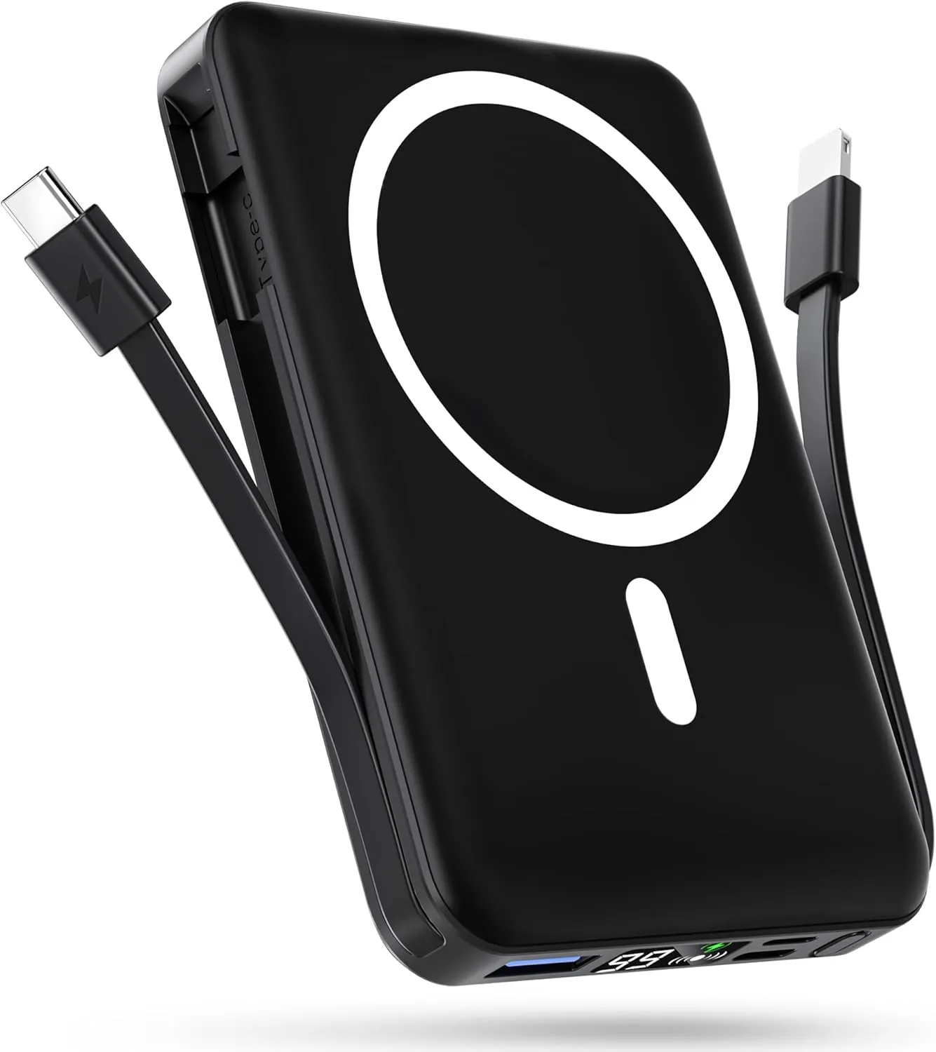 podoru for Magsafe Battery Pack, 10000mAh Magnetic Power Bank Built-in USB C Lighting Cables 22.5W PD Fast Charging LED Display Wireless Portable Charger for iPhone 16/15/14/13/12/ All Series-Black