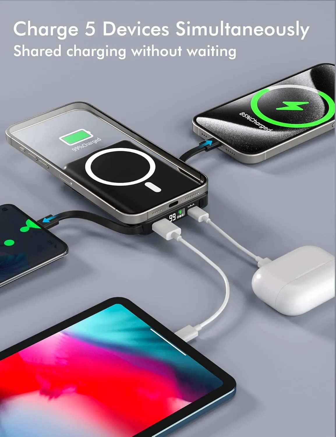 podoru for Magsafe Battery Pack, 10000mAh Magnetic Power Bank Built-in USB C Lighting Cables 22.5W PD Fast Charging LED Display Wireless Portable Charger for iPhone 16/15/14/13/12/ All Series-Black