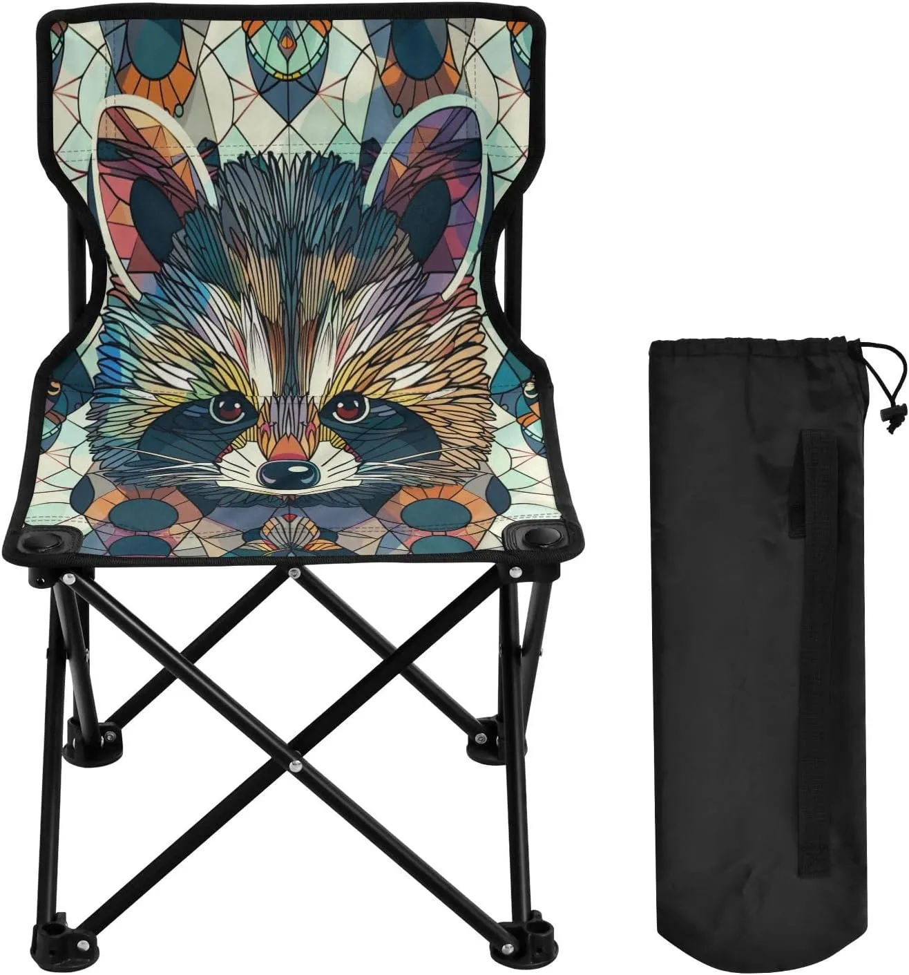 Polygonal Pattern Fox Portable Outdoor Folding Chair Anti-Slip Padded Oxford Cloth Stool Camping Chair Small for Beach Hiking Fishing Gardening Quad Camp Chair