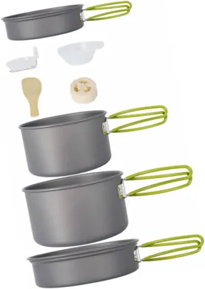 POPETPOP Picnic Nonstick Cookware Set 1 Medium Pan 1 Large Pan 3 Bowls Soup Spoon Bamboo Spatula Loofah Compact for Camping